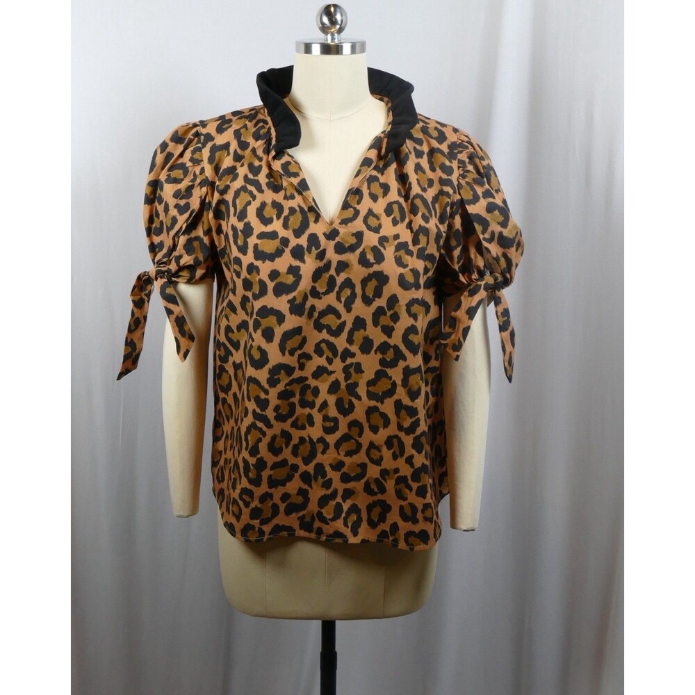 NWT THML Leopard Print Top Womens S Puff Sleeve Tie Cuff Velvet Trim